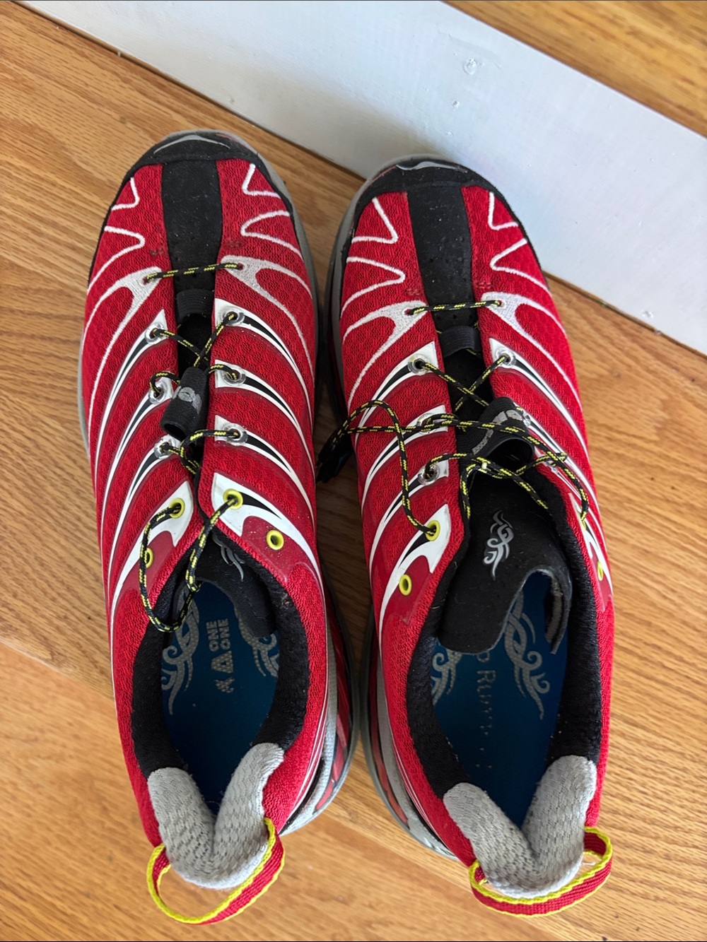 Hoka One One Red Black Athletic Shoes with Yellow Accents - Picture 9 of 9